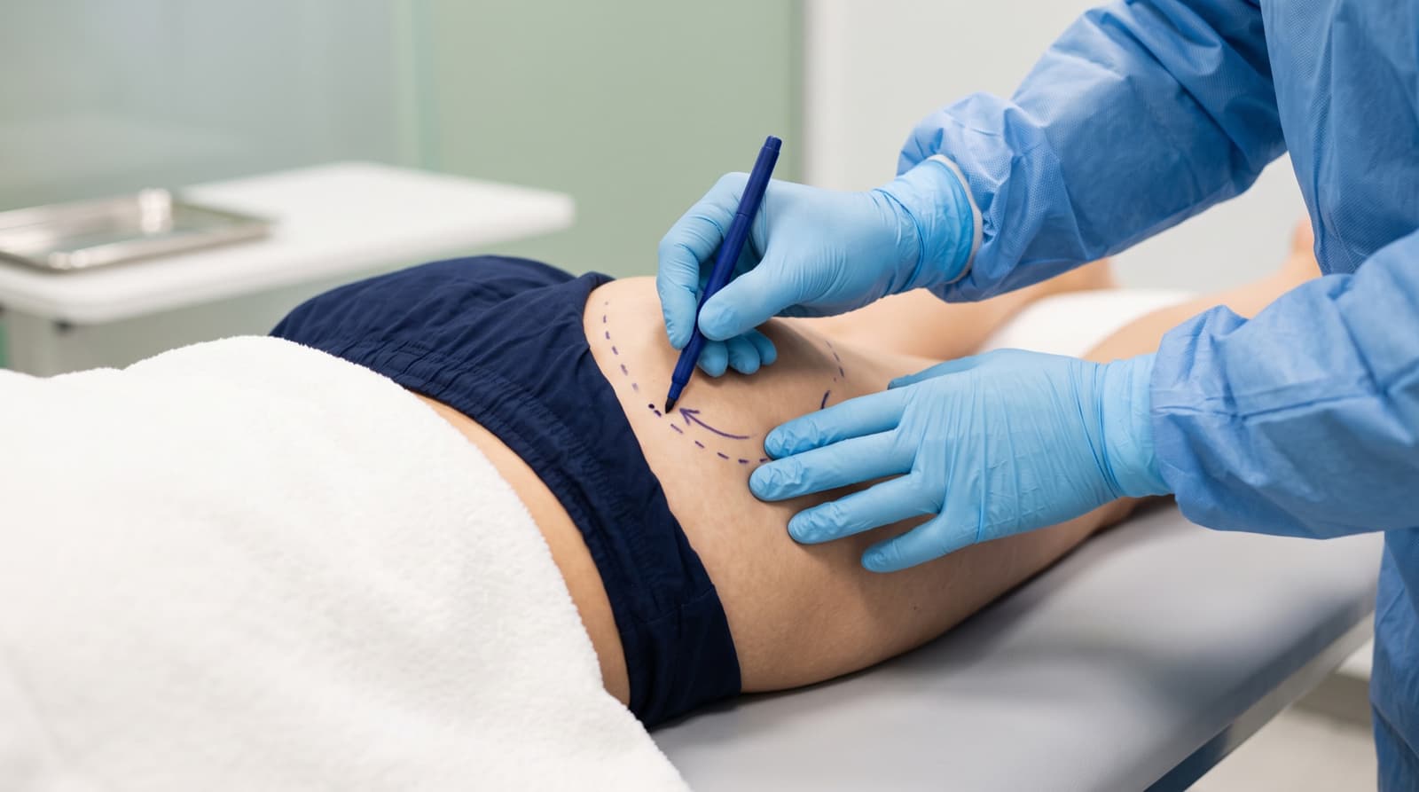 A surgeon in blue gloves draws dashed guide lines on a patient's flank before a procedure.