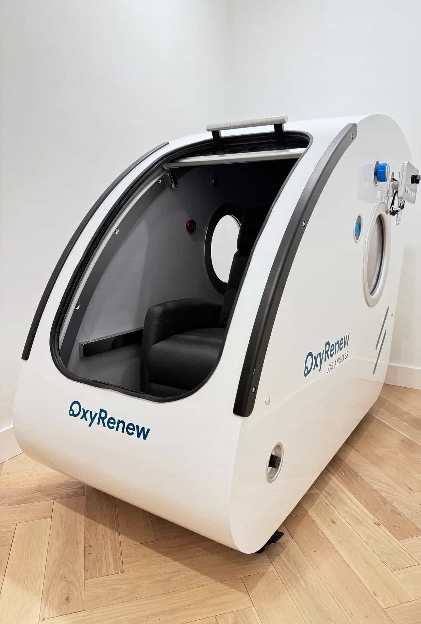 The hard-shell hyperbaric chamber at OxyRenew in Los Angeles.